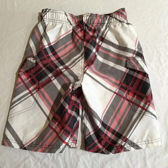 OP Swim Trunks Boy M (8) Plaid Red White Black Drawstring Waist Board Shorts - Picture 6 of 10